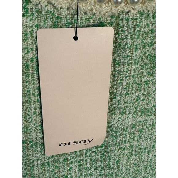 Orsay NWT Sz L Green Metallic Tweed Boucle Dress Pearl Neck & Cuff Royal Duchess - Picture 13 of 16